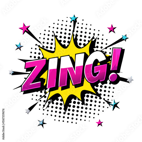 Comic Style "ZING!" Pop Art Text Burst | Retro Cartoon Sound Effect with Colorful Stars | Halftone Explosion Graphic for Fun Designs