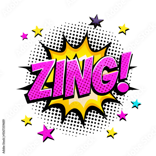 Comic Style "ZING!" Pop Art Text Burst | Retro Cartoon Sound Effect with Colorful Stars | Halftone Explosion Graphic for Fun Designs