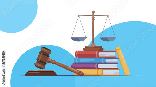 Law justice legal system courtroom gavel scales books concept illustration for lawyer attorney 