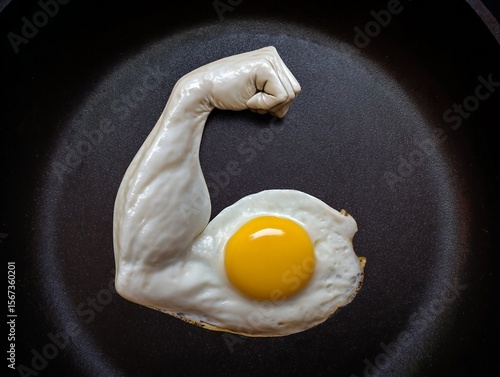 A creative fried egg with the egg white shaped like a strong muscular arm, symbolizing protein power, health, and nutrition with a humorous twist.