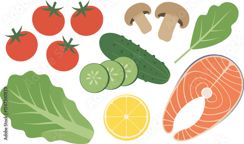Healthy eating food salmon tomatoes cucumber lemon mushrooms salad diet nutrition recipe ingredients 