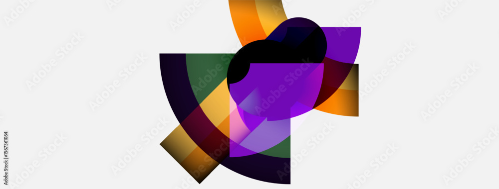 Abstract shapes overlap, creating vibrant color blends. Purple dominates, accented by orange, green, yellow hues. Modern design. Abstract shapes overlap, creating vibrant color blends. Purple dominates, accented by orange, green, yellow hues. Modern design.