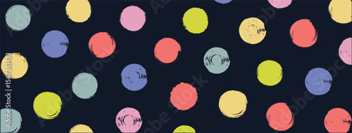 Fun Colorful seamless polka dot pattern. Brush drawn multi colored circles. Funky abstract simple background with dots. Simple childish party backdrop. 