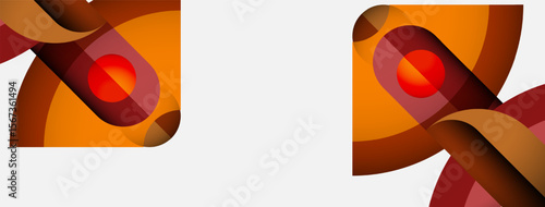 Abstract shapes, warm colors dominate composition. Two similar designs present dynamic visual interest. Red center draws attention.