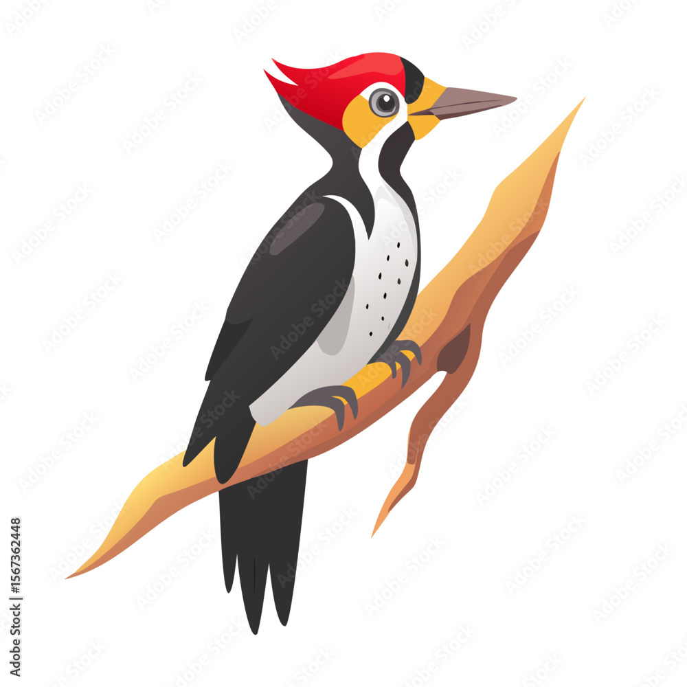 Obraz premium Cartoon Woodpecker Bird Vector | Colorful Tree Bird Clipart | Red-Crested Forest Bird Illustration | Perched Woodpecker Wildlife Drawing Art