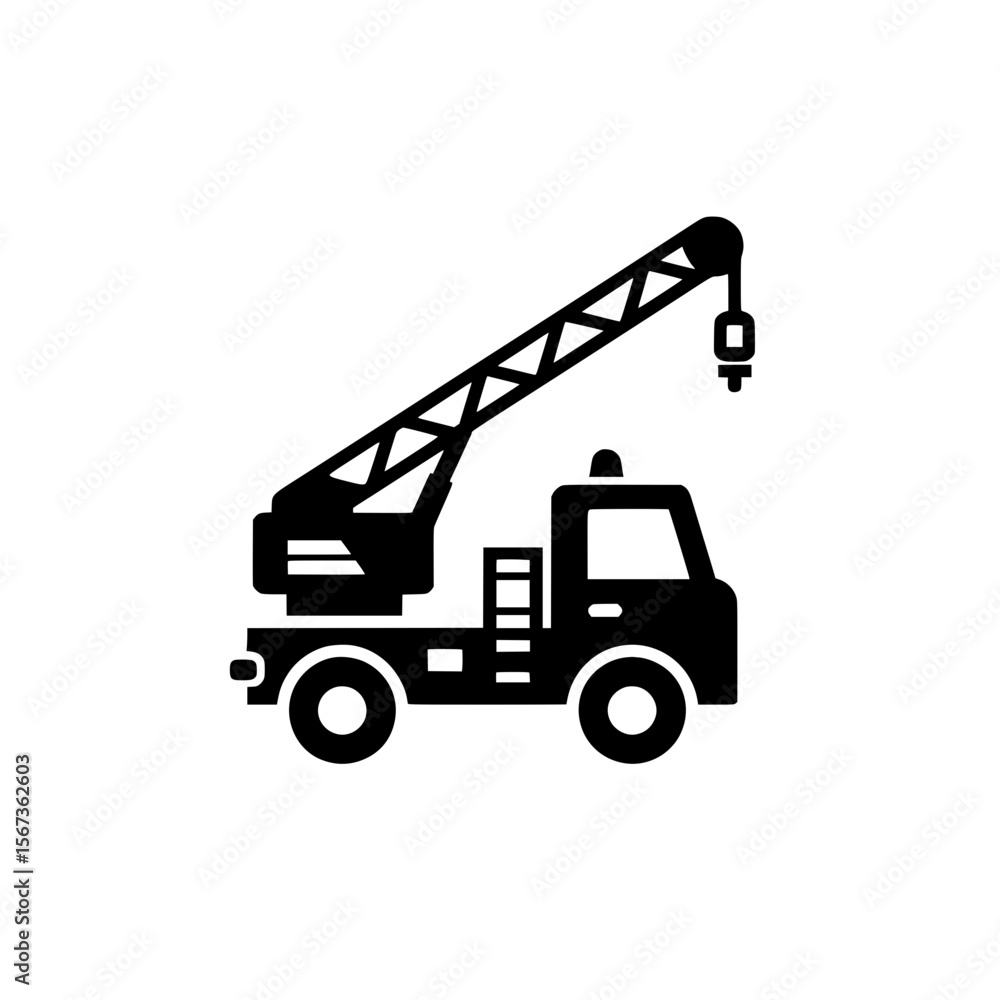 Solid tow truck icon with hydraulic crane system used in vehicle lifting or roadside emergency service. Solid tow truck icon with hydraulic crane system used in vehicle lifting or roadside emergency service.