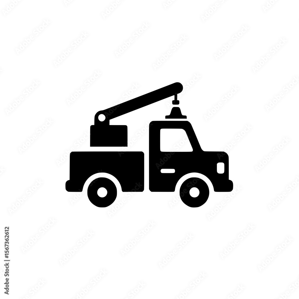 Black icon of a compact tow truck featuring a lift arm crane used for roadside recovery or towing assistance. Black icon of a compact tow truck featuring a lift arm crane used for roadside recovery or towing assistance.