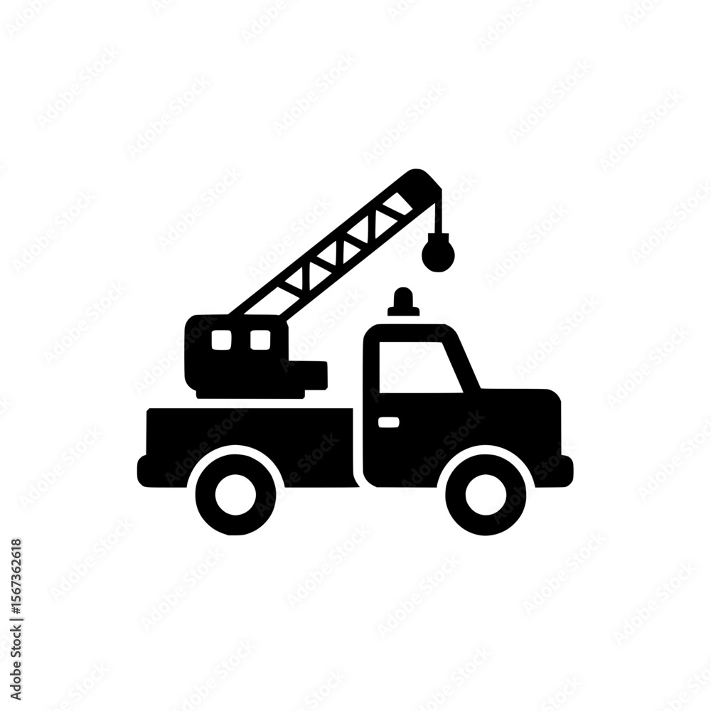 Bold side view illustration of tow truck with crane boom arm representing heavy-duty vehicle recovery. Bold side view illustration of tow truck with crane boom arm representing heavy-duty vehicle recovery.