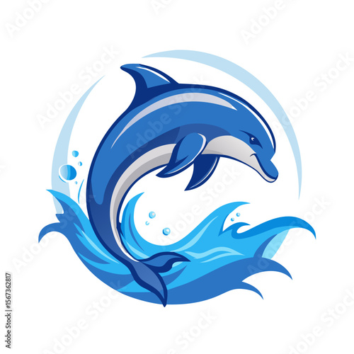 Jumping Dolphin Vector Art | Cartoon Sea Animal Illustration | Ocean Marine Wildlife Clipart | Blue Splashing Dolphin Logo Design