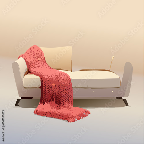 Vector of a chunky knitted wool blanket draped over a soft cream sofa, textured and warmly lit with ultra-realistic cozy styling.