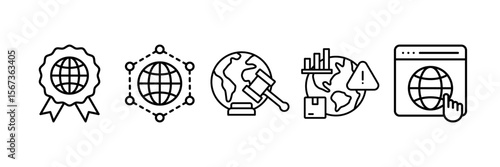 Global Business Icon Set Multiple Style Collection, Containing design Iso Standards, Distribution Network, International Regulation, Emerging Market Risk, Global Platform