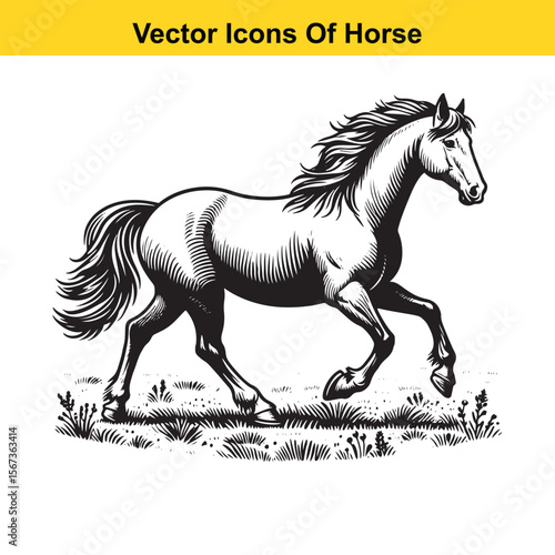 Horse Trotting Through Prairie Grass – Black and White Vector for Easy Tracing and Western Art