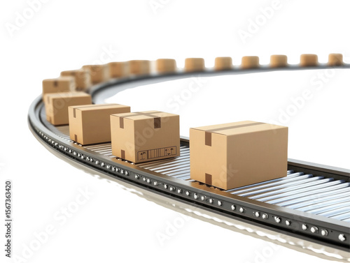 Long Conveyor Belt With Boxes Moving Along  isolated on a transparent background