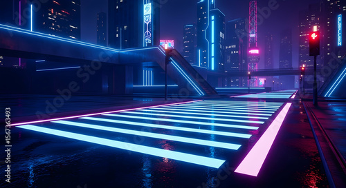 Neon Metropolis Empty Pedestrian Crossing In A Dystopian Futuristic Cyberpunk City