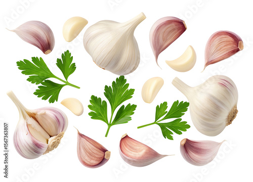A scattered arrangement of garlic bulbs cloves and fresh parsley sprigs on a black background surface