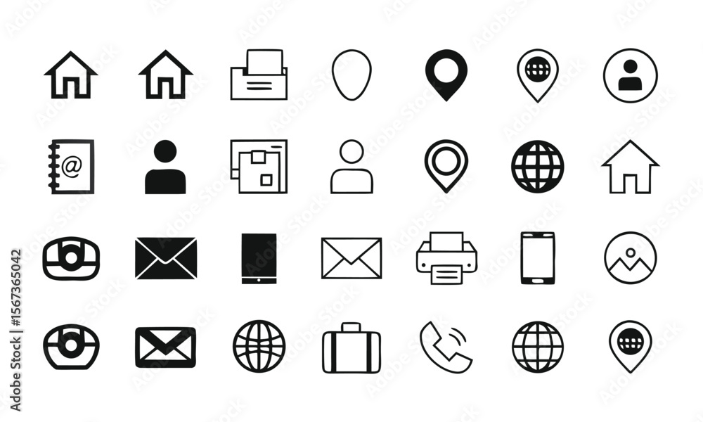 Contact and communication icons collection with map location, email, phone, and web symbols in black and white style
Contact and communication icons collection with map location, email, phone, and web symbols in black and white style