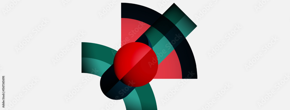 Abstract geometric design. Red sphere intersects curved lines, teal and pink hues dominate white background. Minimalist composition. Abstract geometric design. Red sphere intersects curved lines, teal and pink hues dominate white background. Minimalist composition.