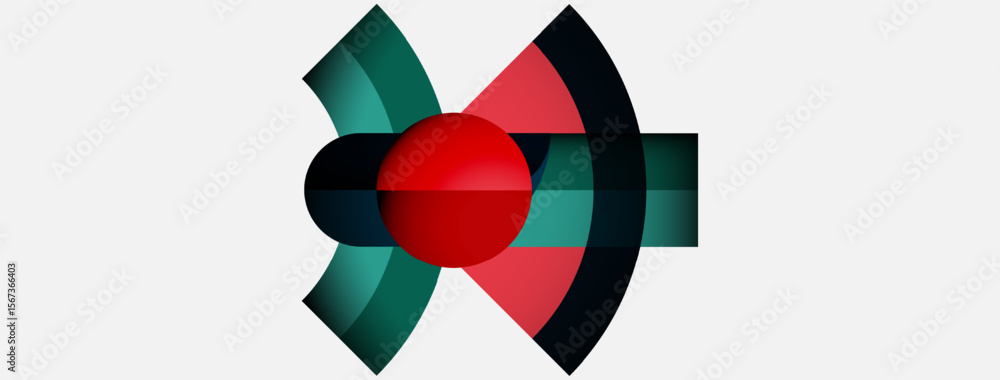 Abstract geometric design features red sphere, curved shapes, green, black, white color scheme. Modern minimalist composition. Abstract geometric design features red sphere, curved shapes, green, black, white color scheme. Modern minimalist composition.