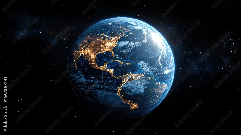 Obraz premium Stunning Earth View from Space with Glowing City Lights space planet world globe universe galaxy day