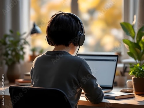Student Rear View in Online Class – Headset and Laptop