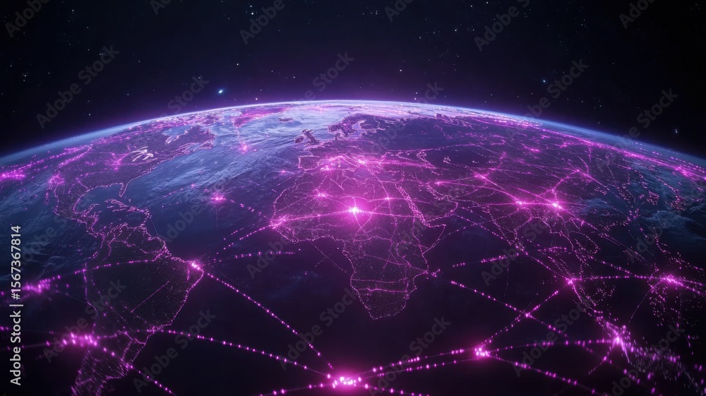 Obraz premium Global Network Connectivity on Earth with Glowing Purple Lines connectivity network global network