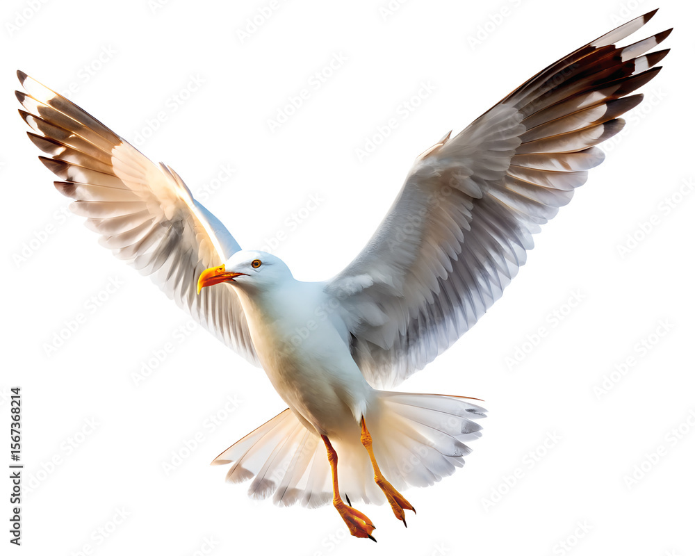 Obraz premium A majestic seagull with wings spread wide in flight isolated on white background