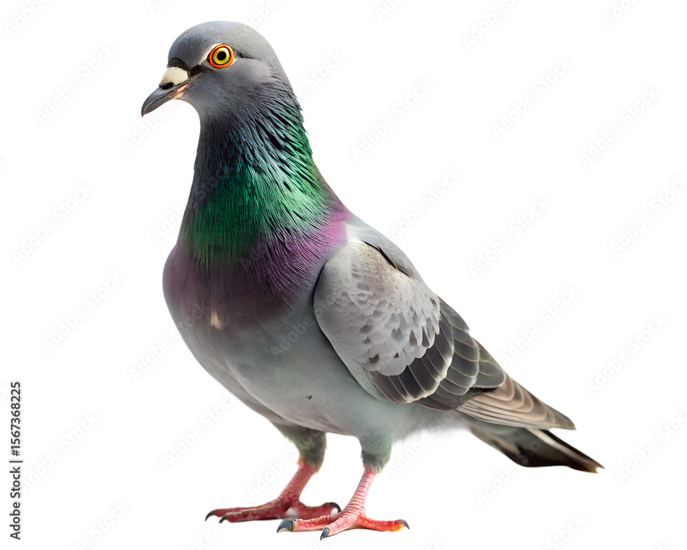 Naklejka premium A detailed close up of a pigeon with iridescent neck feathers isolated on white background
