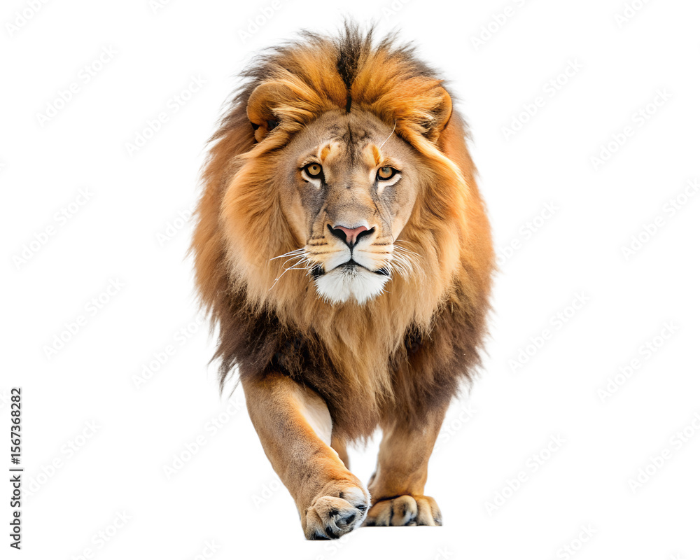 Obraz premium Majestic male lion with full mane walking forward isolated on white background