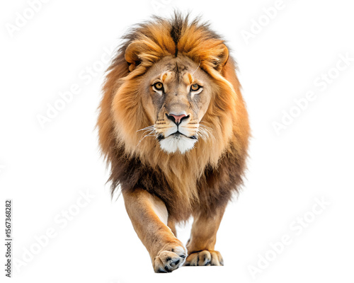 Majestic male lion with full mane walking forward isolated on white background