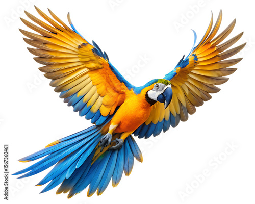 Vibrant blue and yellow macaw parrot in flight isolated on white background