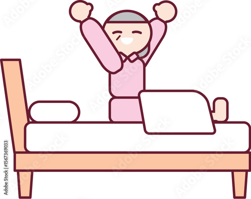 ぐっすり眠れて気持ちよく起きるおばあさんのイラスト
