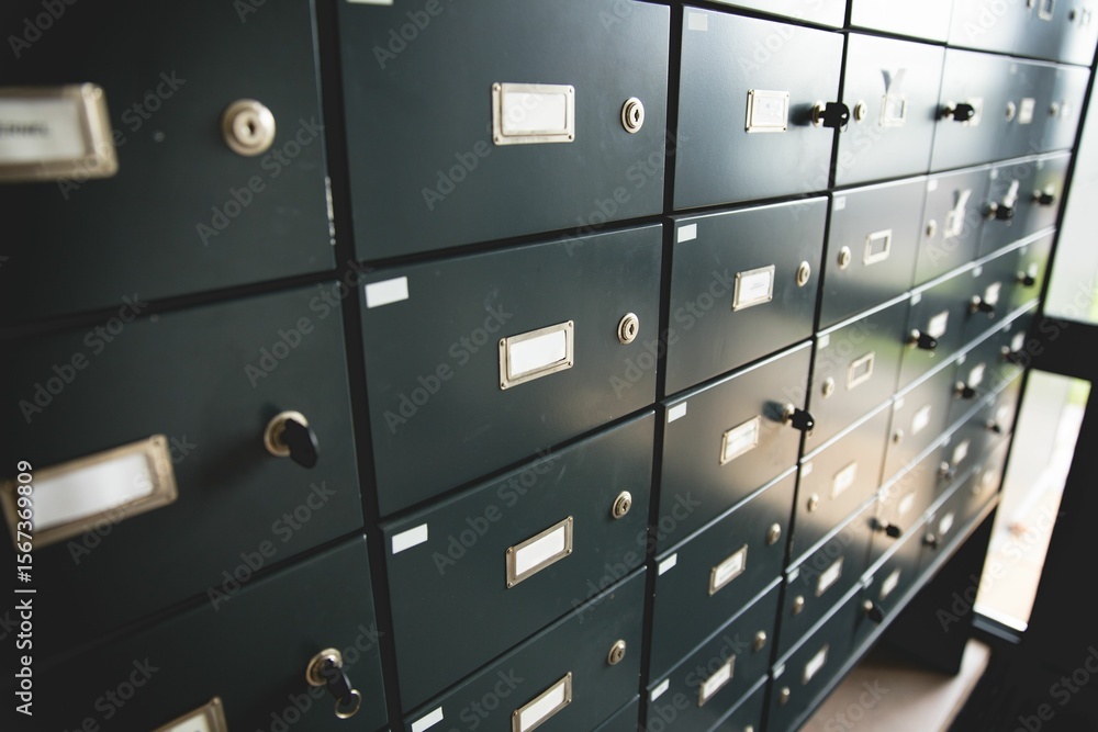 Depicting flat design dark-gray safe deposit box grid glowing under daylight window, keys dangling Depicting flat design dark-gray safe deposit box grid glowing under daylight window, keys dangling