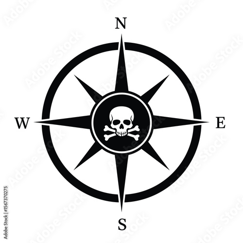 Black compass rose with skull and crossbones nautical