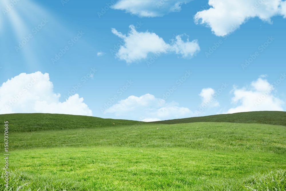 Obraz premium Rolling grassy hills are being shown in flat design with scattered white clouds and sun rays