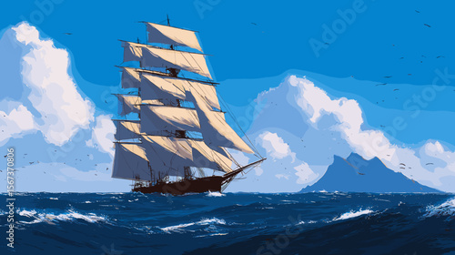 青い海を進む帆船のベクターイラスト