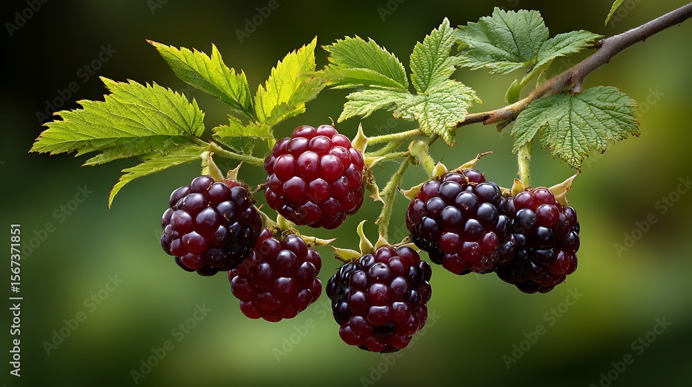 Ripe blackberries cluster on a thorny branch with green leaves against a soft green blurred background in a close up shot Ripe blackberries cluster on a thorny branch with green leaves against a soft green blurred background in a close up shot