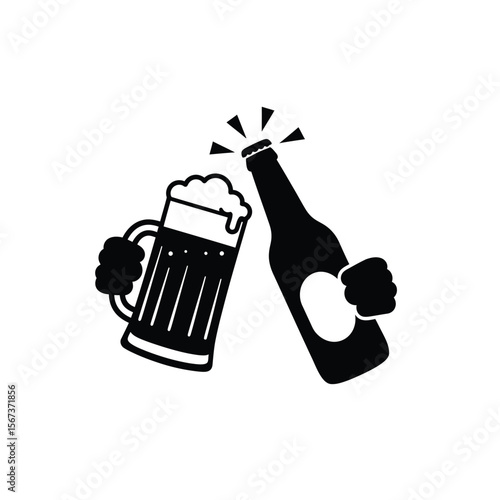 Black silhouette of beer mug and bottle clinking cheers