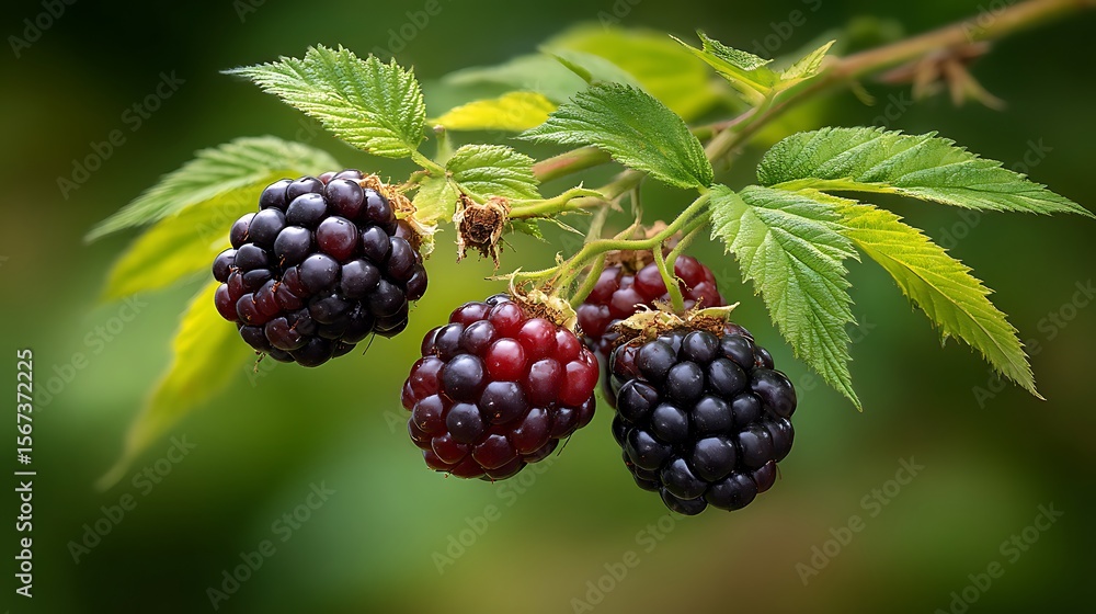 Ripe and unripe blackberries clustered on a thorny branch with vibrant green leaves and a soft blurred background Ripe and unripe blackberries clustered on a thorny branch with vibrant green leaves and a soft blurred background