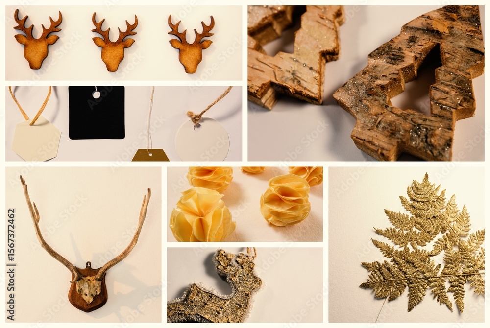 Obraz premium Flat lay collage is showing deer head ornaments and glittered tree shapes on neutral beige surface