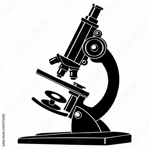 Black silhouette of a compound microscope on a white background
