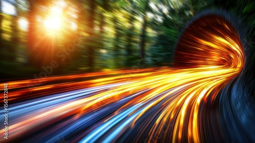 Blurry light streaks through tunnel, forest background