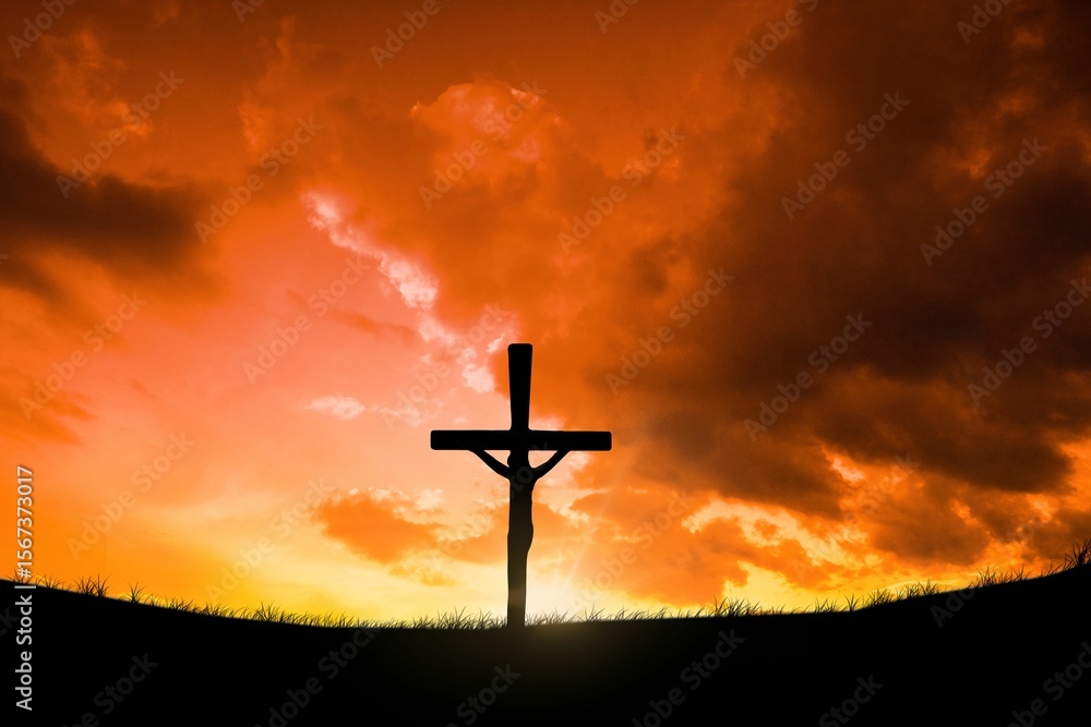 Obraz premium Cross religion symbol shape over sunset sky