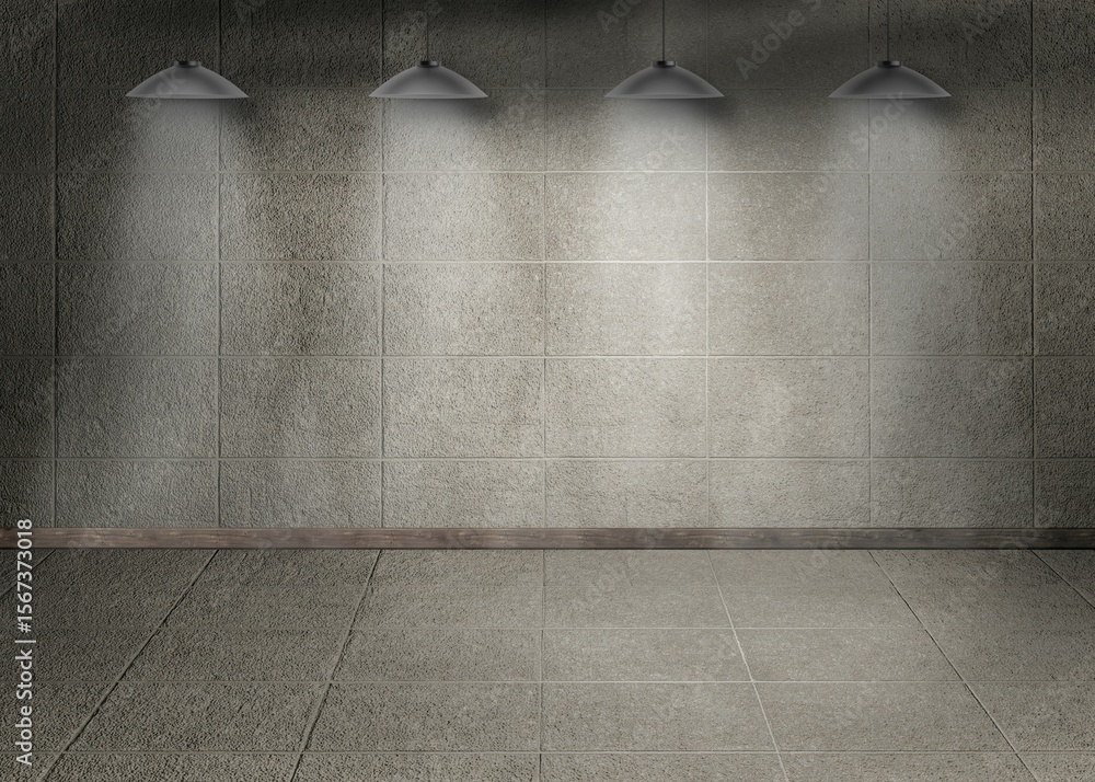 Fototapeta premium Empty interior is being shown in flat design, with concrete panels, tile flooring and pendant lamps