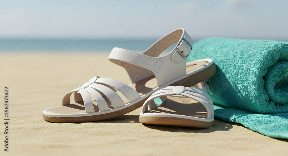 Obraz premium Pair of white slide sandals with a chunky heel resting on a sandy beach near a turquoise towel, perfect for summer beach outings and relaxing seaside vacations