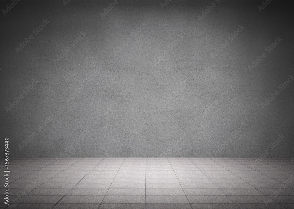 Fototapeta premium Flat design empty studio space is featuring concrete wall, grid tiled floor and vignette lighting
