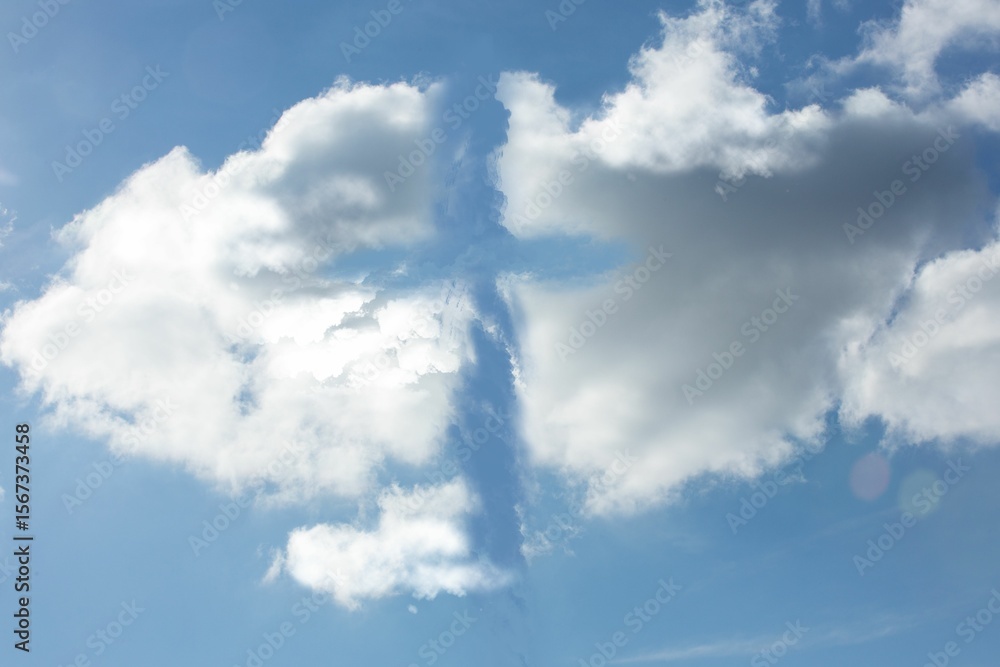 Fototapeta premium Pair of large cumulus clouds are drifting in flat vector illustration, featuring lens flare disc