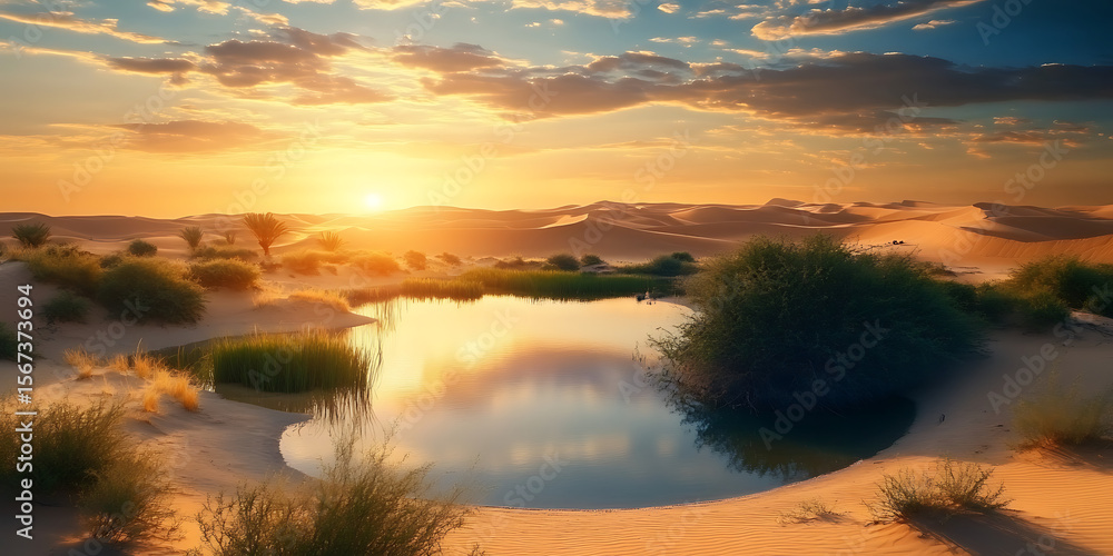 Obraz premium Surrounded by huge sand dunes, a peaceful oasis with vibrant greenery and golden sunset reflections. 