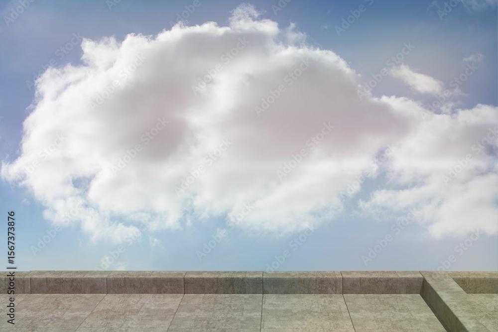Fototapeta premium Large cumulus cloud floating above stone-tiled terrace under clear blue sky in flat vector design