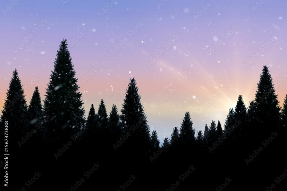 Fototapeta premium Snow falling on fir tree forest