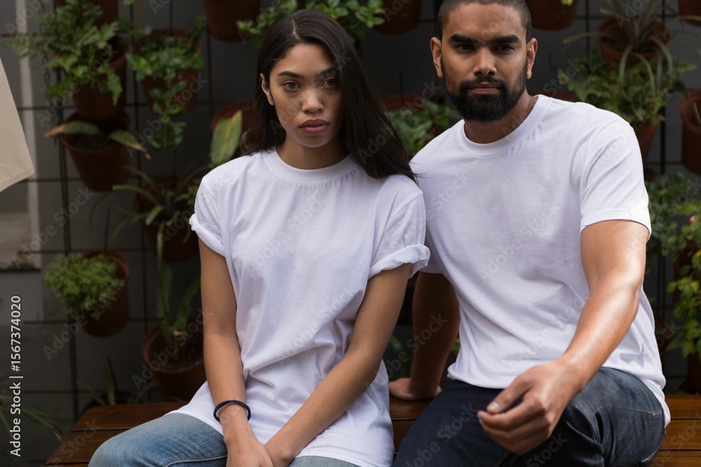 Fototapeta premium couple in white t-shirt sitting